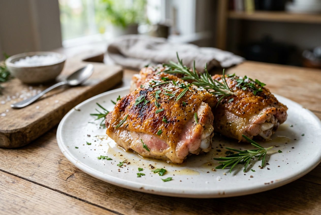 Close-up of cooked chicken thighs on a plate with fresh herbs in a kitchen setting.