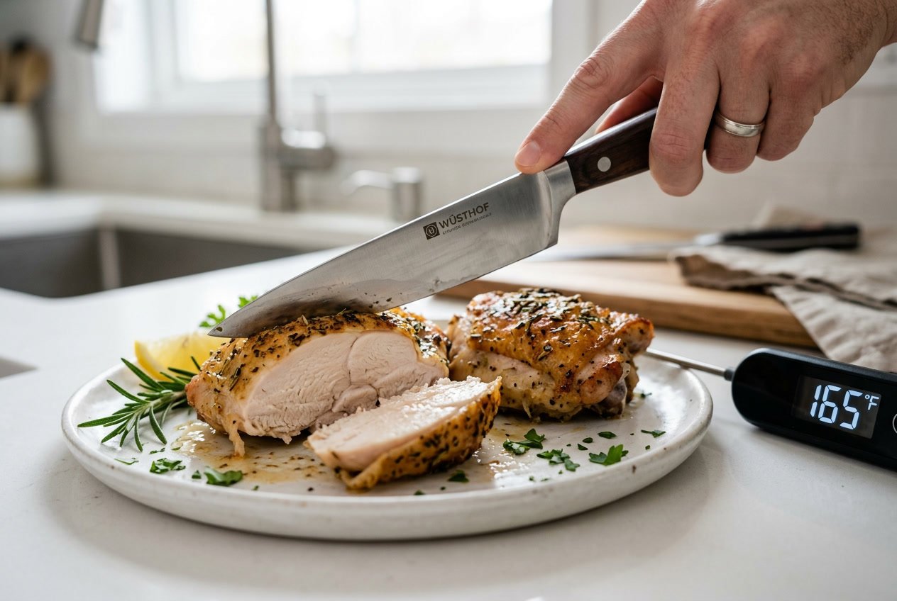 Close-up of cooked chicken thighs being sliced open on a plate with a meat thermometer nearby.
