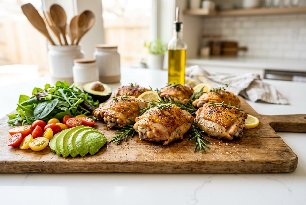 Cooked chicken thighs on a wooden cutting board with fresh herbs and low-carb vegetables in a kitchen setting.