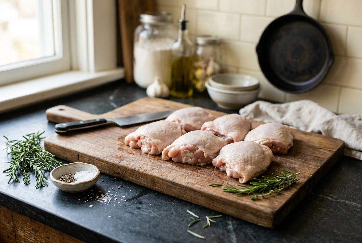 Raw chicken thighs on a wooden cutting board surrounded by herbs and seasonings in a kitchen setting.