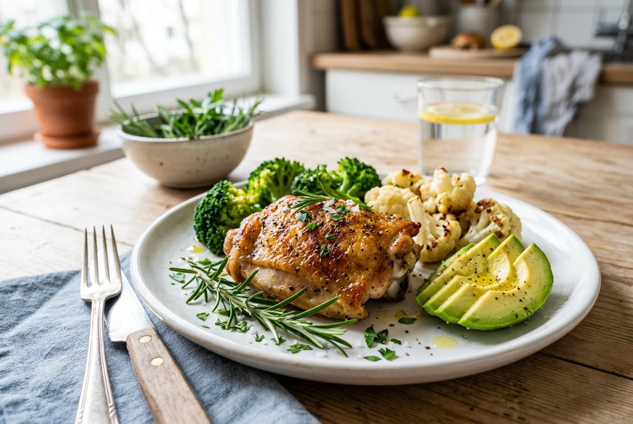 A cooked chicken thigh on a white plate with fresh herbs and low-carb vegetables like broccoli, cauliflower, and avocado.