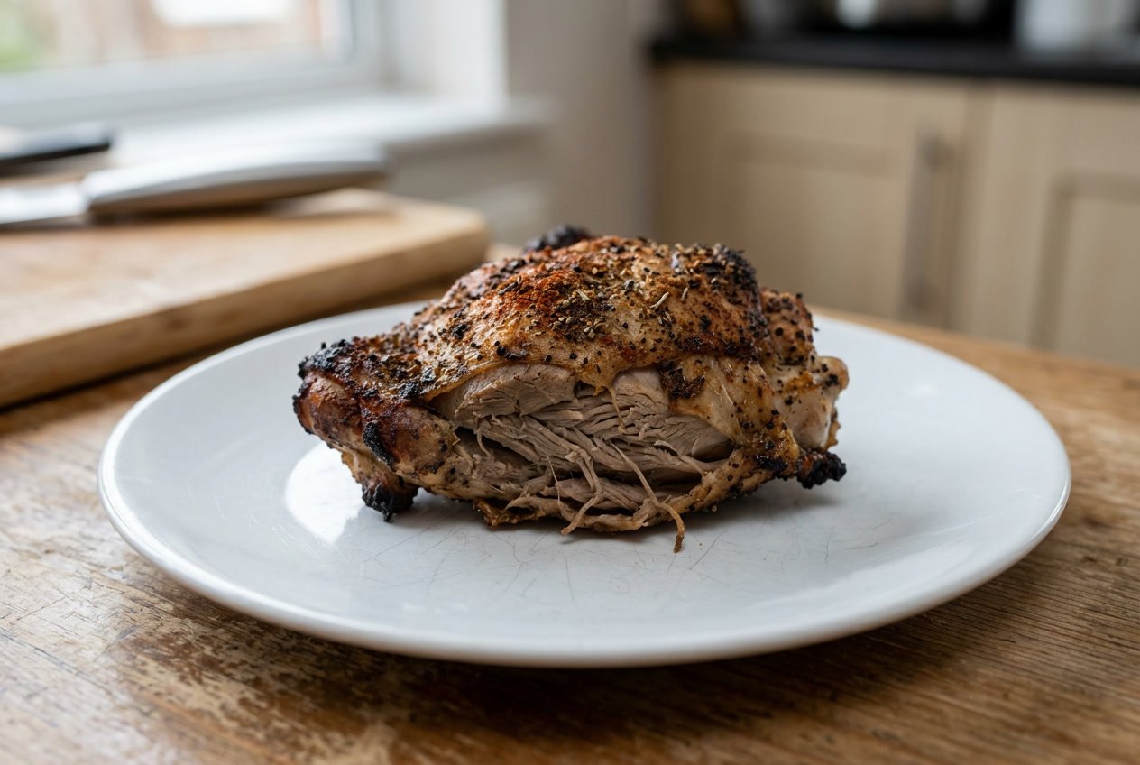 Close-up of a cooked chicken thigh on a plate showing dryness and uneven seasoning.