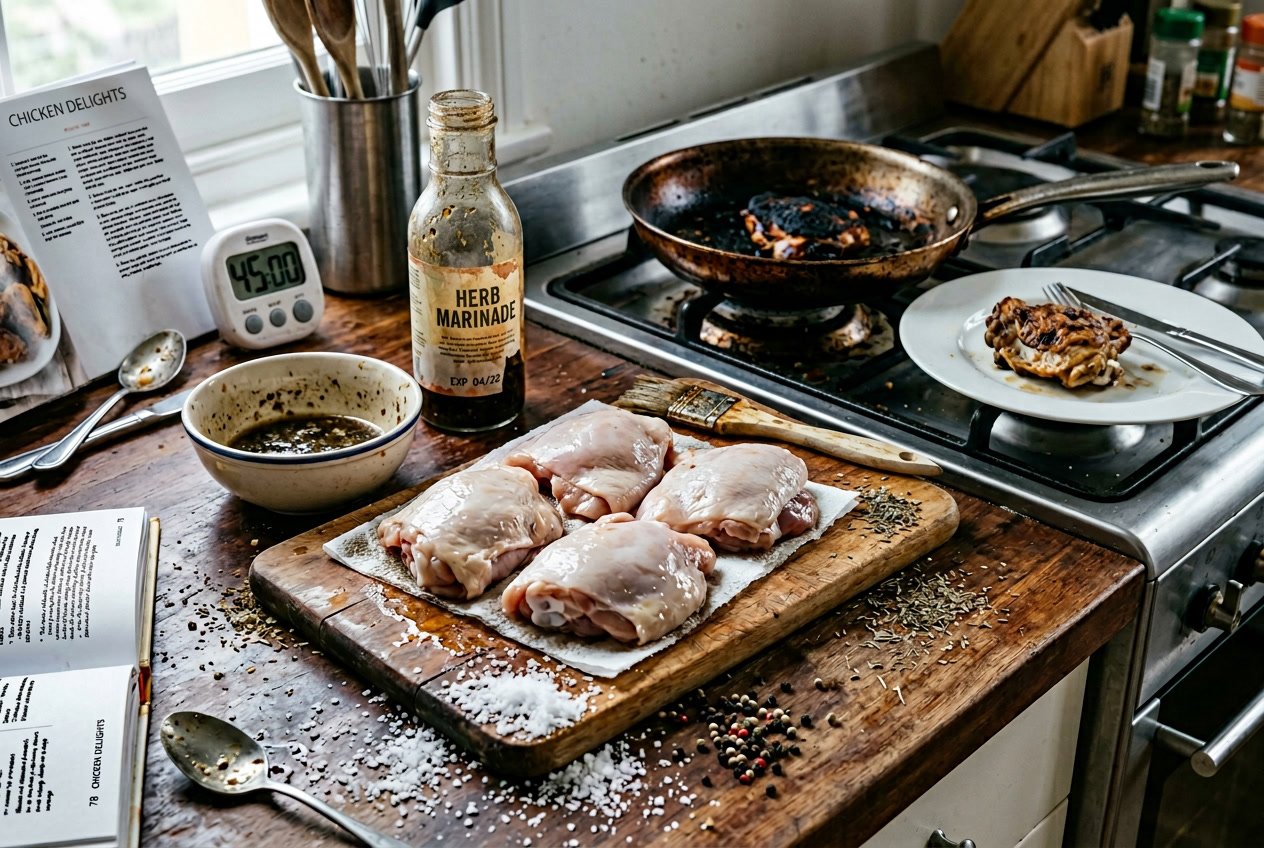 A kitchen scene showing raw chicken thighs with seasoning mistakes, a burnt frying pan, and an overcooked chicken thigh on a plate.