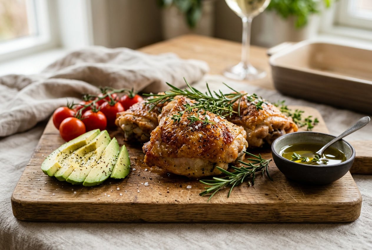 Cooked chicken thighs on a wooden cutting board with fresh herbs, avocado slices, cherry tomatoes, and olive oil.