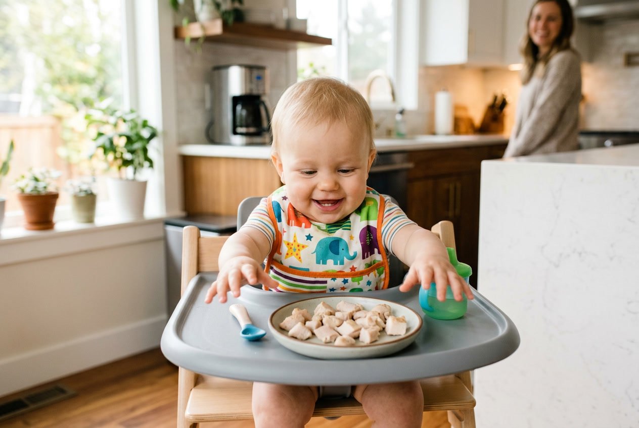 A baby sitting in a high chair reaching for a plate of cooked chicken thighs in a bright kitchen.