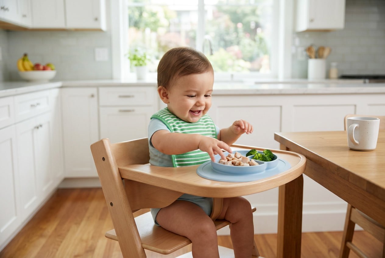 A baby sitting in a high chair reaching for a plate with small pieces of cooked chicken thighs on a kitchen table.