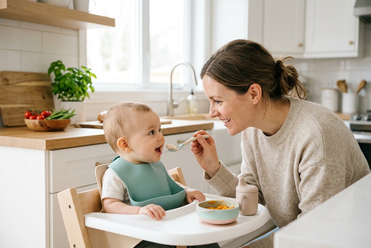 A mother feeding her baby cooked chicken thigh in a high chair in a bright kitchen.