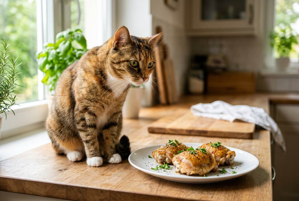 A domestic cat sitting next to a plate with cooked chicken thighs on a kitchen countertop.