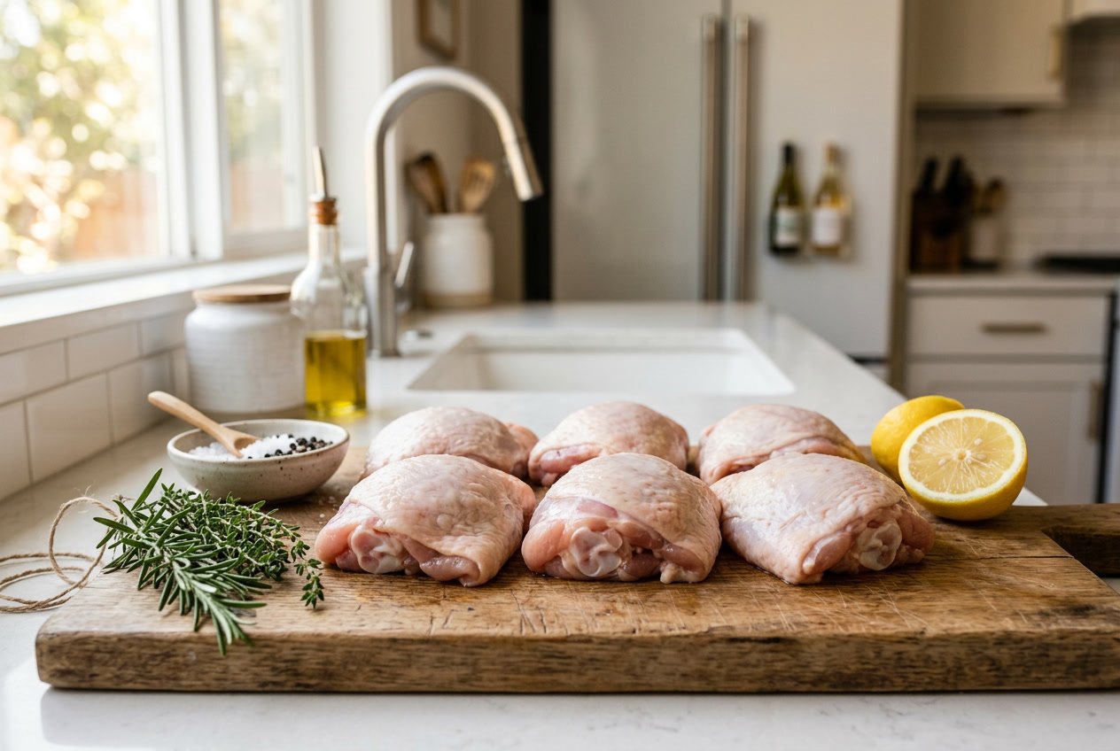 Raw chicken thighs arranged on a wooden cutting board with fresh herbs and lemon in a bright kitchen.