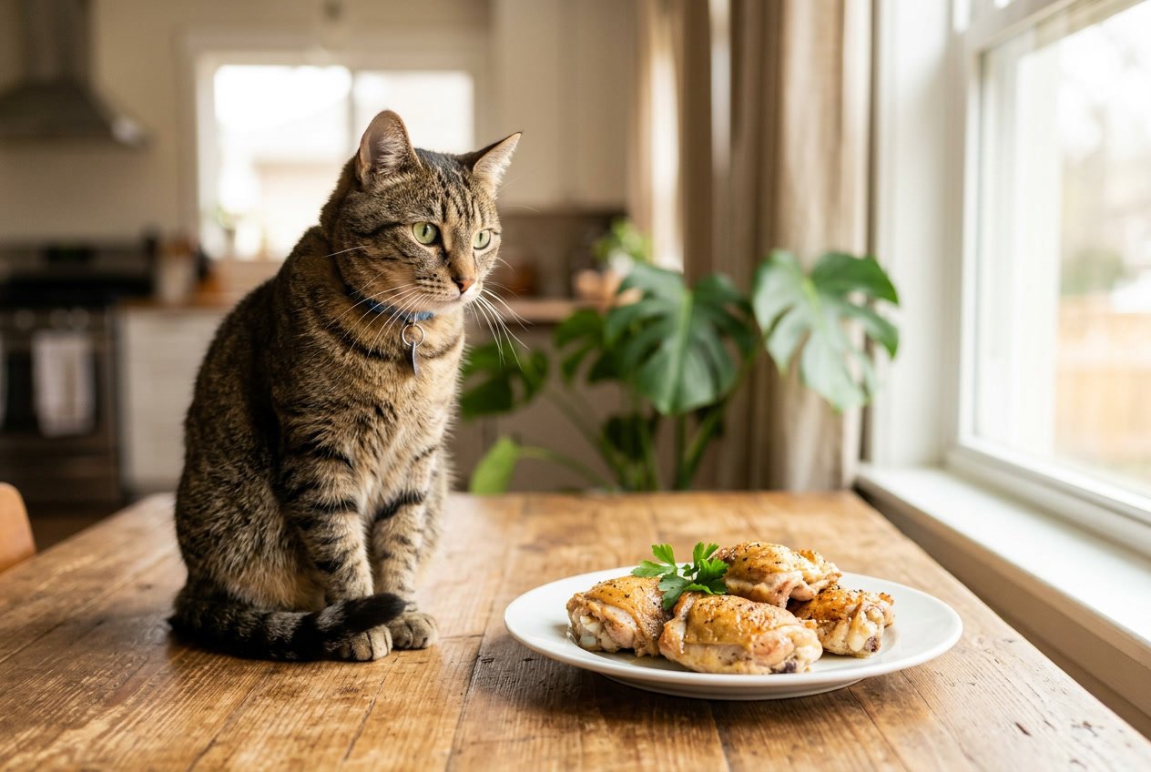 A domestic cat sitting next to a plate of cooked chicken thighs on a wooden table.