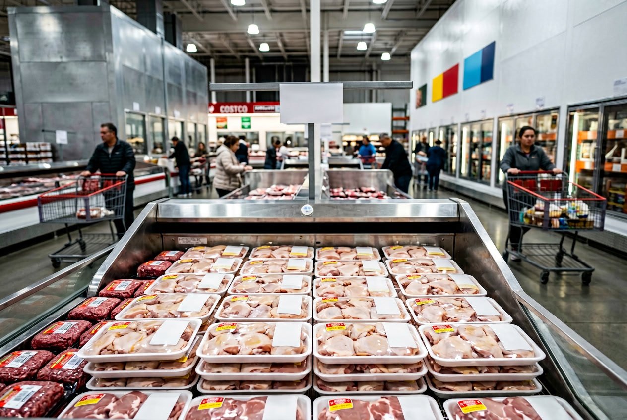 Refrigerated meat section in a Costco store displaying packaged chicken thighs on shelves with shoppers in the background.