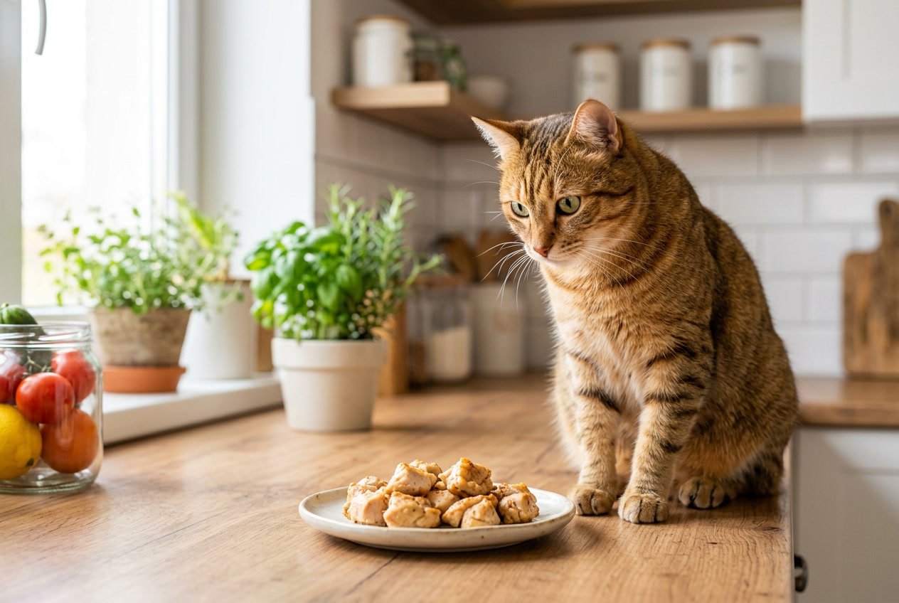 A domestic cat sitting on a kitchen countertop looking at a plate with cooked chicken thighs.
