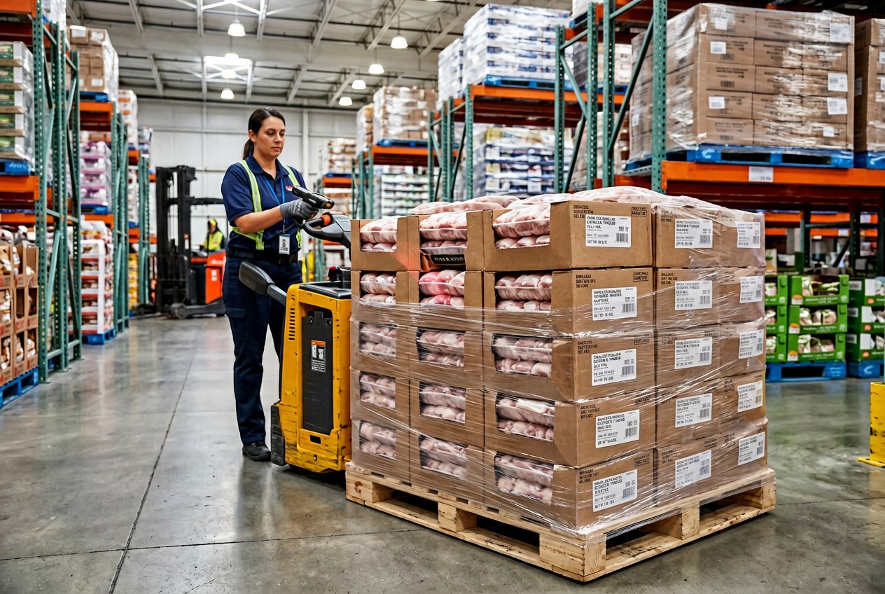 Warehouse scene showing pallets of packaged chicken thighs being prepared for delivery by a Costco employee.