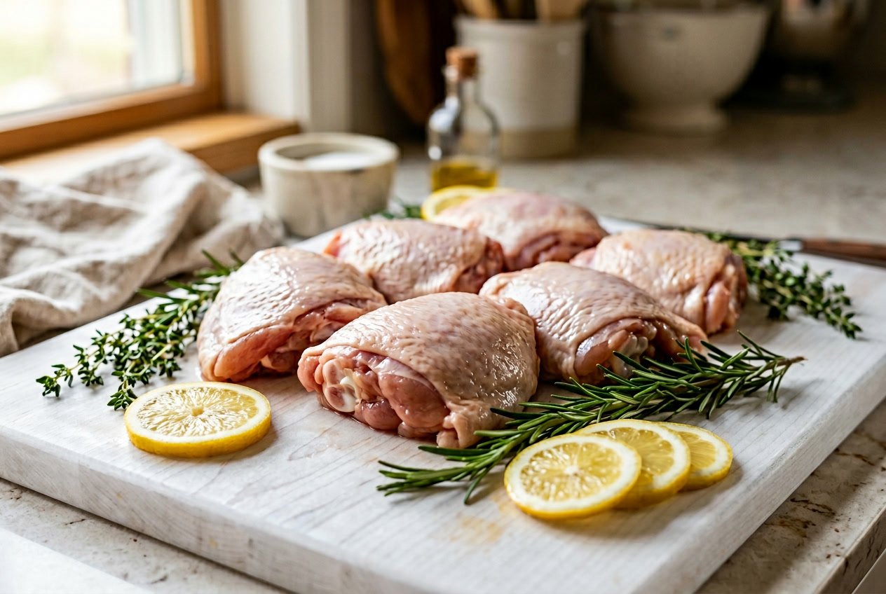 Close-up of fresh raw chicken thighs on a white cutting board with herbs and lemon slices.
