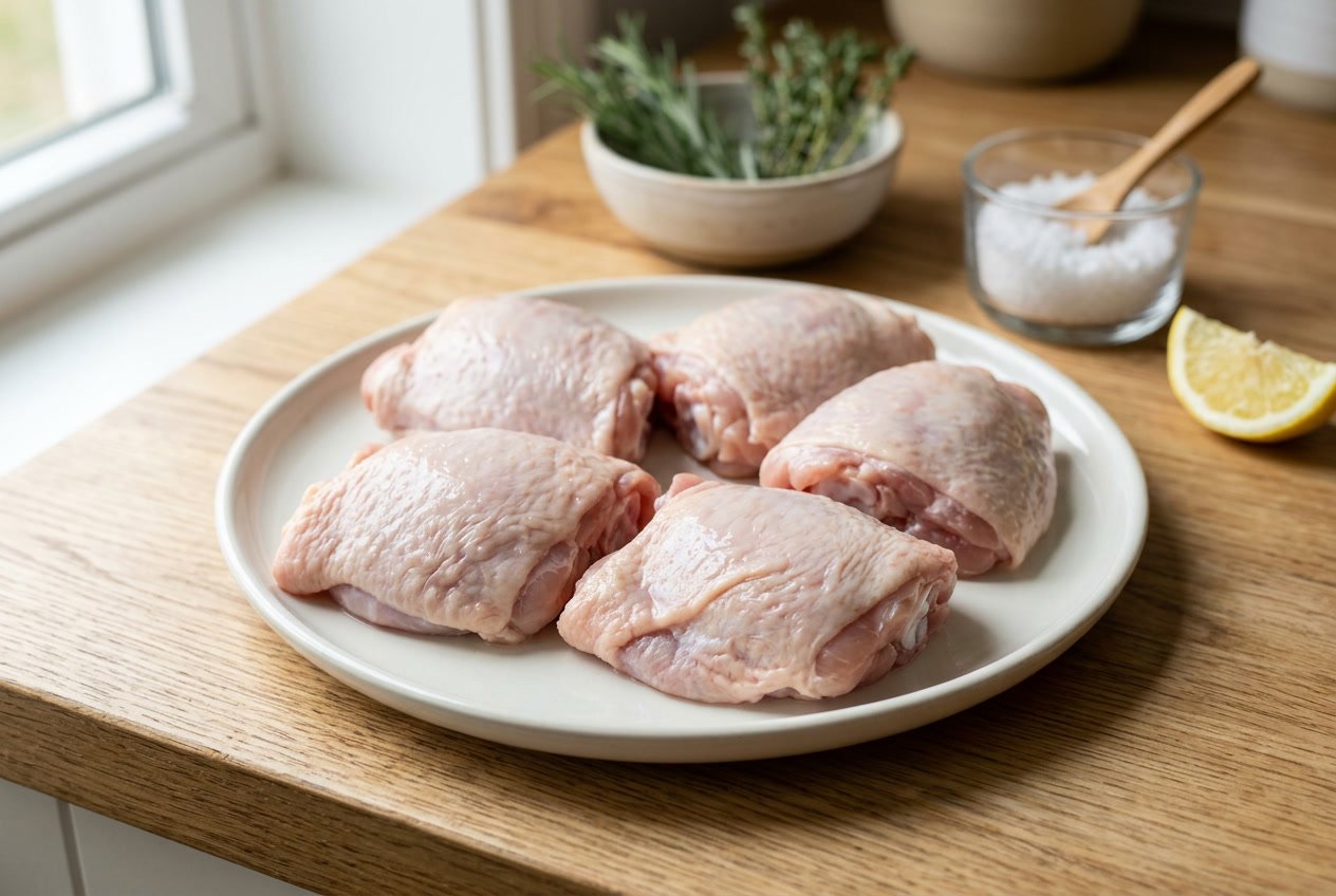 Fresh raw chicken thighs on a white plate with herbs and lemon on a wooden countertop.