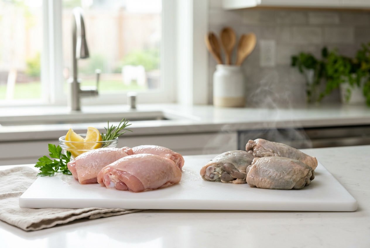 Fresh and spoiled chicken thighs placed side by side on a cutting board in a kitchen, showing differences in color and freshness.