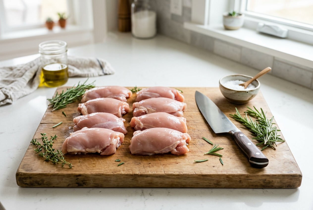 Raw chicken thigh fillets on a wooden cutting board with a knife and fresh herbs nearby in a kitchen setting.