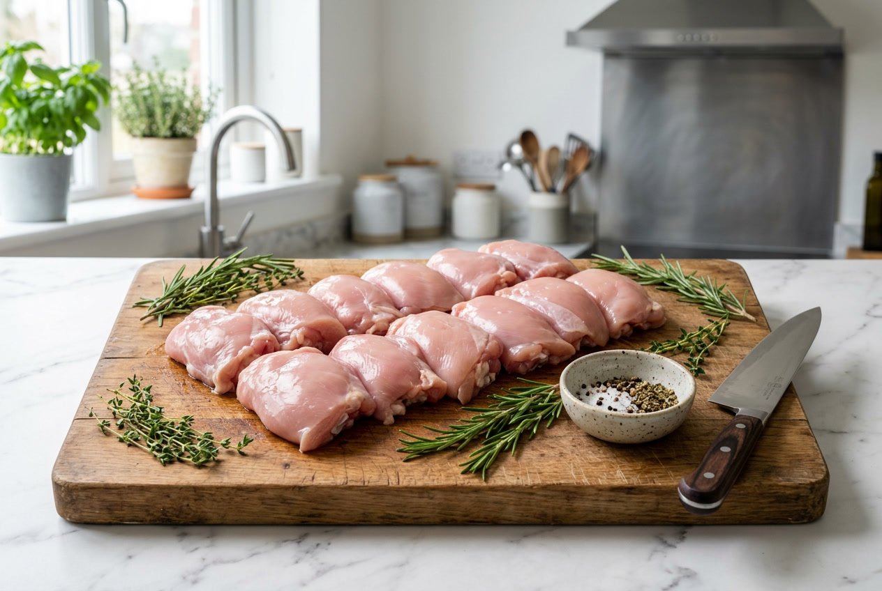 Fresh raw chicken thigh fillets on a wooden cutting board with herbs and a chef's knife in a bright kitchen.
