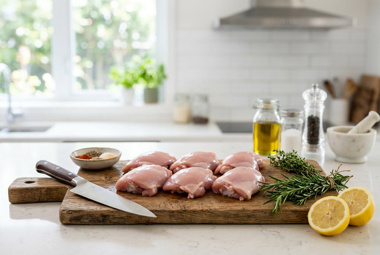 Raw chicken thigh fillets on a cutting board with kitchen tools and fresh herbs on a countertop.