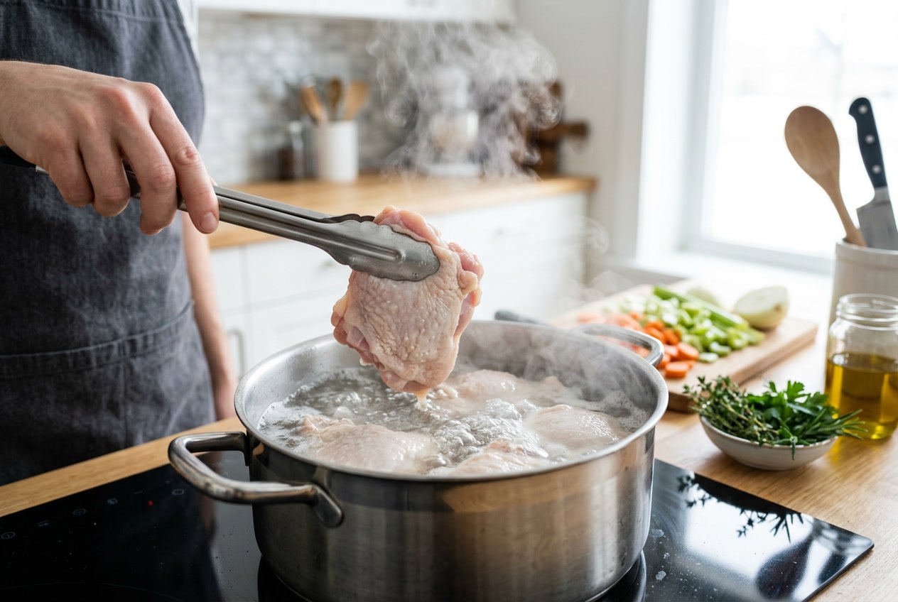 Raw chicken thighs being placed into a pot of boiling water on a stove in a kitchen.