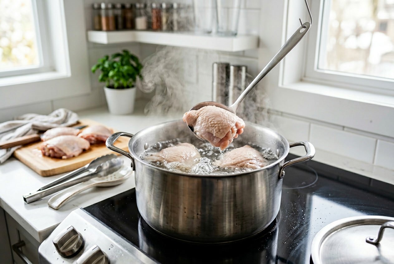 Raw chicken thighs being placed into a pot of boiling water on a kitchen stove.
