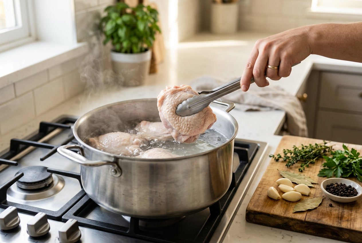 Raw chicken thighs being placed into a pot of water on a kitchen stove with fresh ingredients nearby.