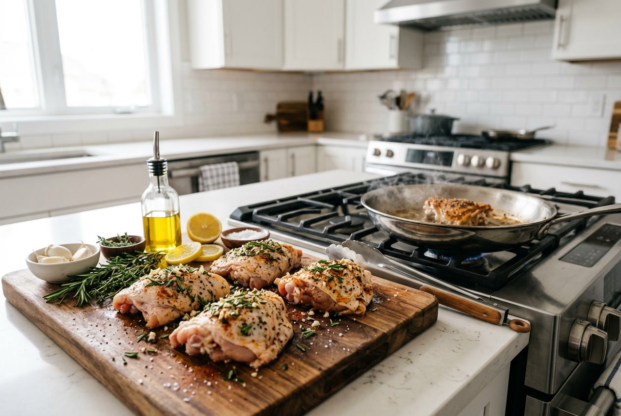Raw seasoned chicken thighs on a cutting board with fresh herbs and lemon, and a frying pan on the stove with chicken cooking.