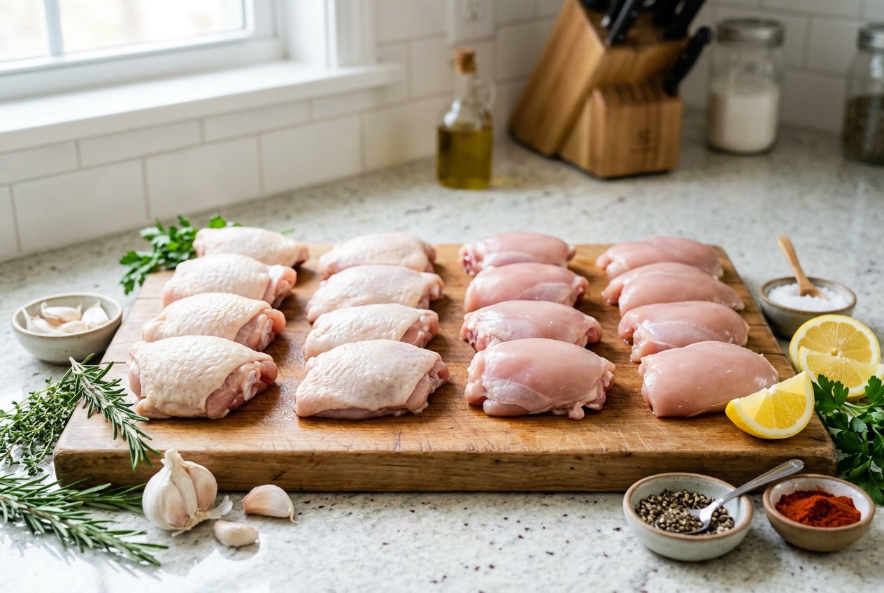 Various types of raw chicken thighs arranged on a wooden cutting board with fresh herbs, garlic, lemon slices, and spices on a kitchen countertop.