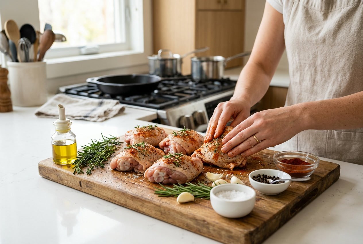 Hands seasoning raw chicken thighs on a wooden cutting board with herbs and spices nearby in a kitchen.