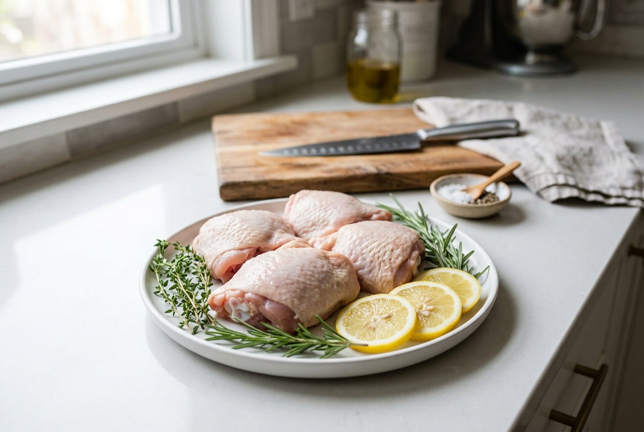 Fresh raw chicken thighs arranged on a white plate with herbs and lemon slices on a kitchen countertop.