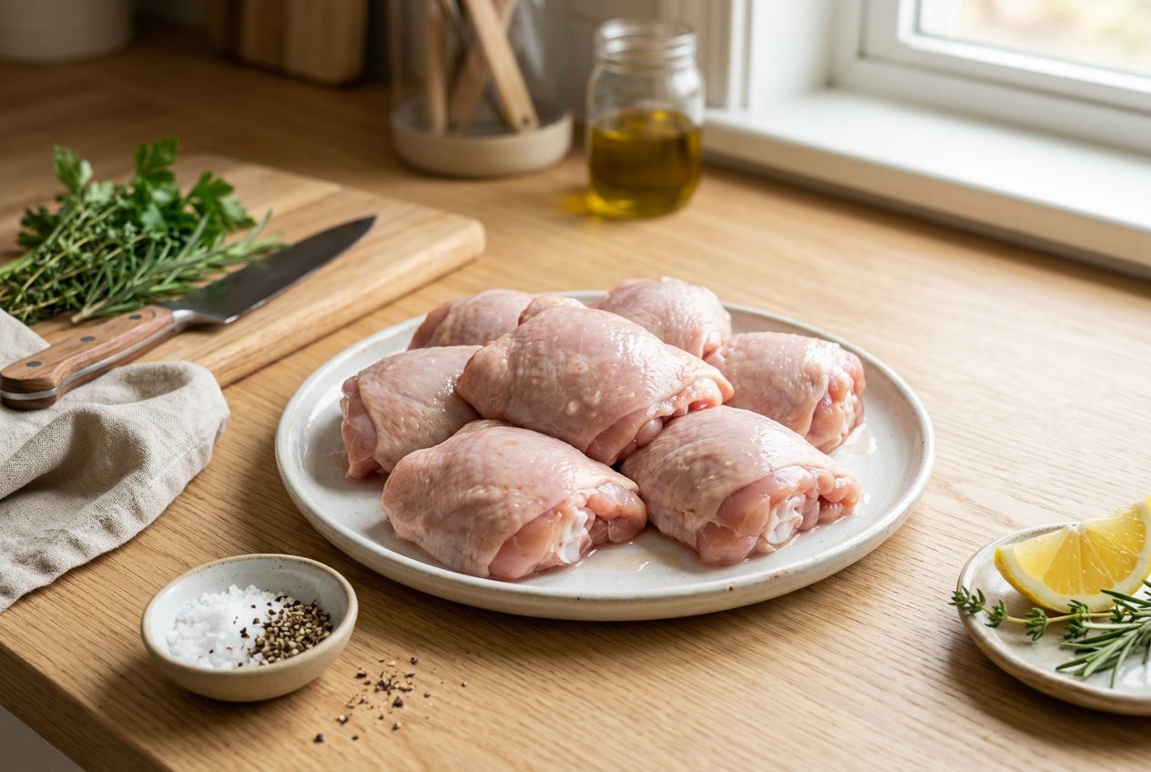 Fresh raw chicken thighs on a white plate on a wooden countertop with herbs and spices nearby.