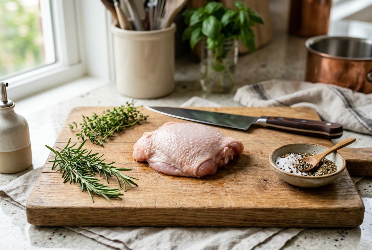 Raw chicken thigh on a wooden cutting board with herbs and a knife in a kitchen.
