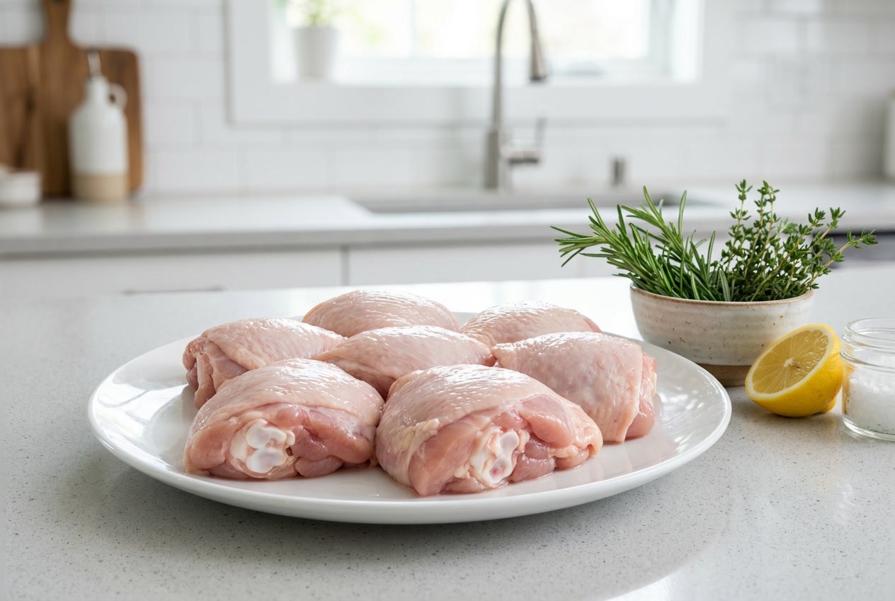 Fresh raw chicken thighs on a white plate with herbs and lemon on a kitchen countertop.