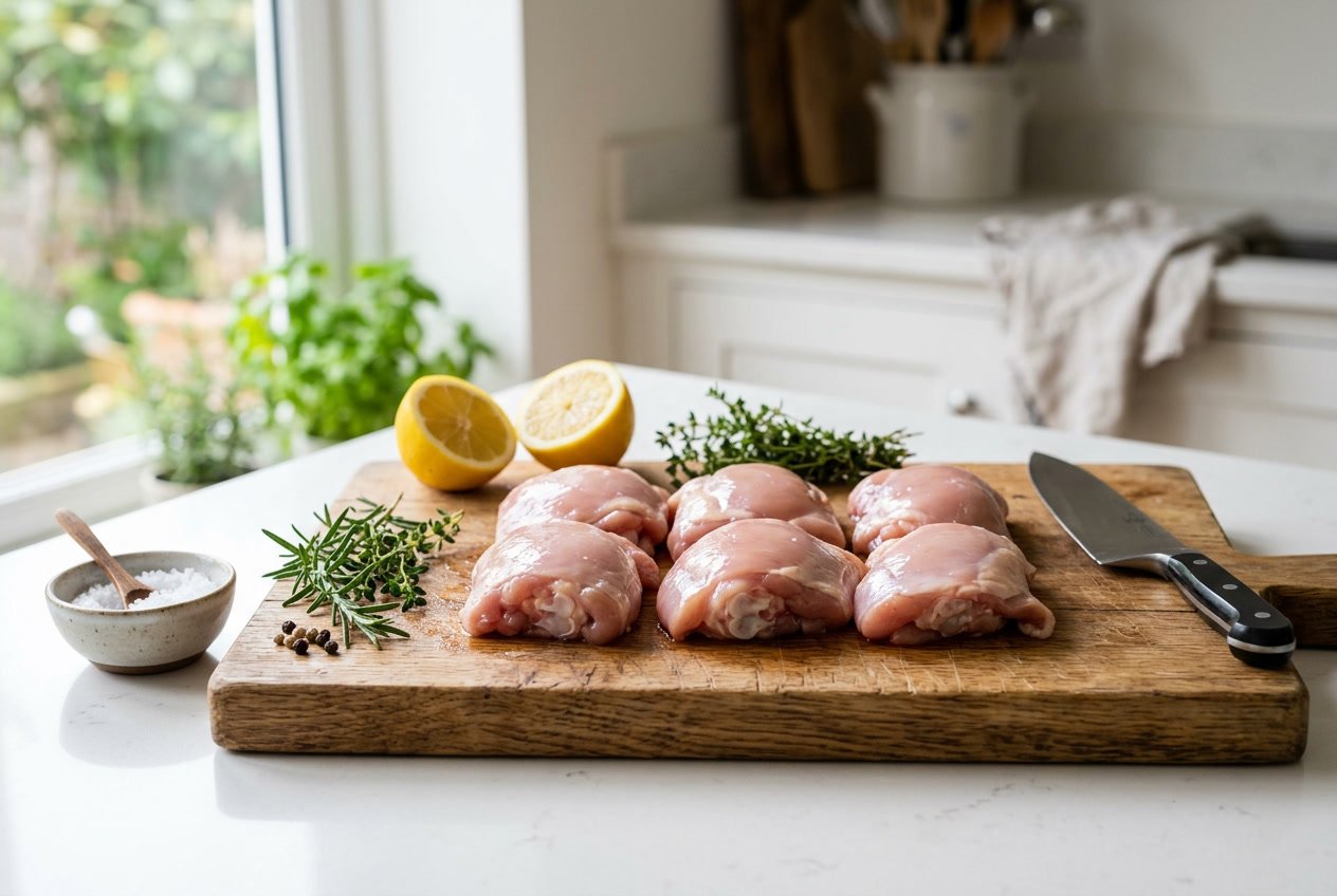 Fresh raw chicken thighs on a wooden cutting board with herbs and lemon in a bright kitchen.
