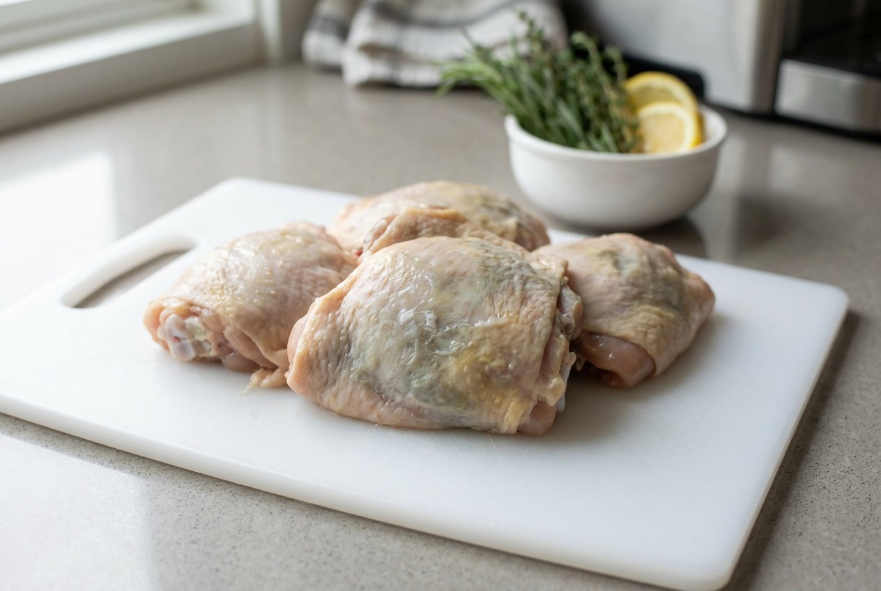Close-up of raw chicken thighs on a cutting board showing discoloration and signs of spoilage.