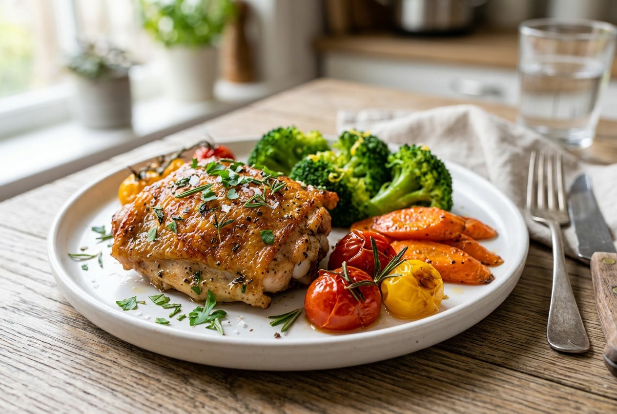 A cooked chicken thigh served on a white plate with fresh herbs and colorful vegetables.