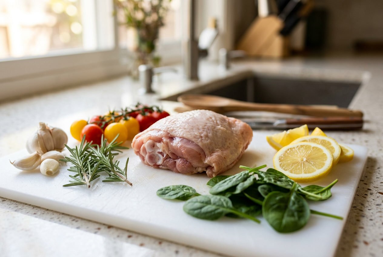 Raw chicken thigh on a cutting board surrounded by fresh vegetables and herbs in a kitchen setting.