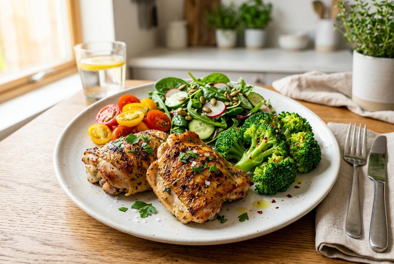 A plate with grilled chicken thighs and fresh vegetables on a dining table.