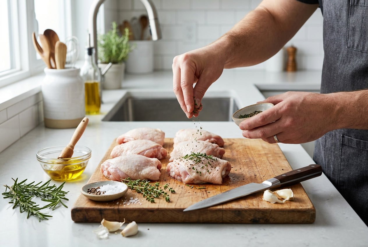 Hands seasoning raw chicken thighs on a wooden cutting board with herbs and spices in a clean kitchen.