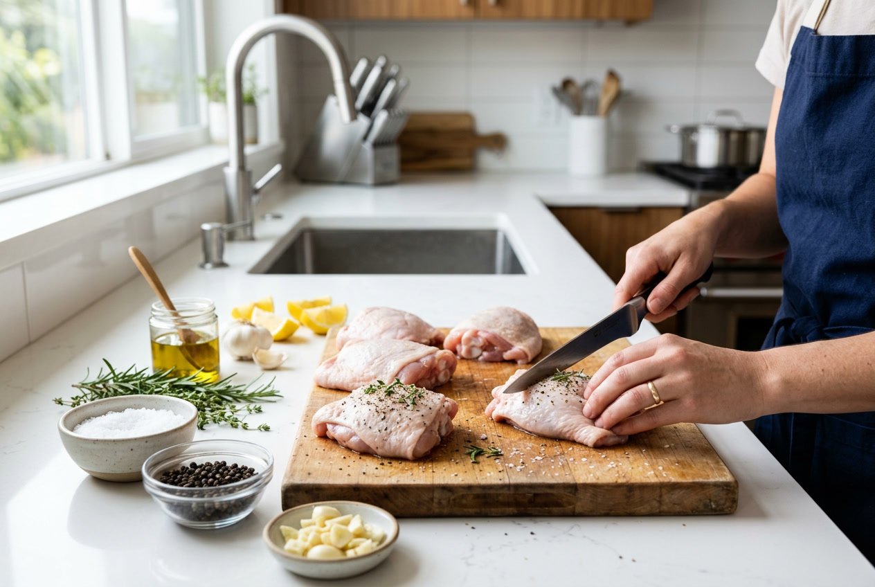 Hands preparing raw chicken thighs on a wooden cutting board with fresh herbs and spices nearby in a kitchen.