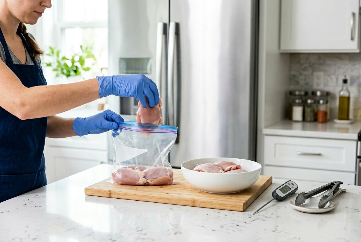 A person wearing gloves placing raw chicken thighs into a sealed plastic bag on a kitchen countertop with thawed chicken thighs and kitchen tools nearby.