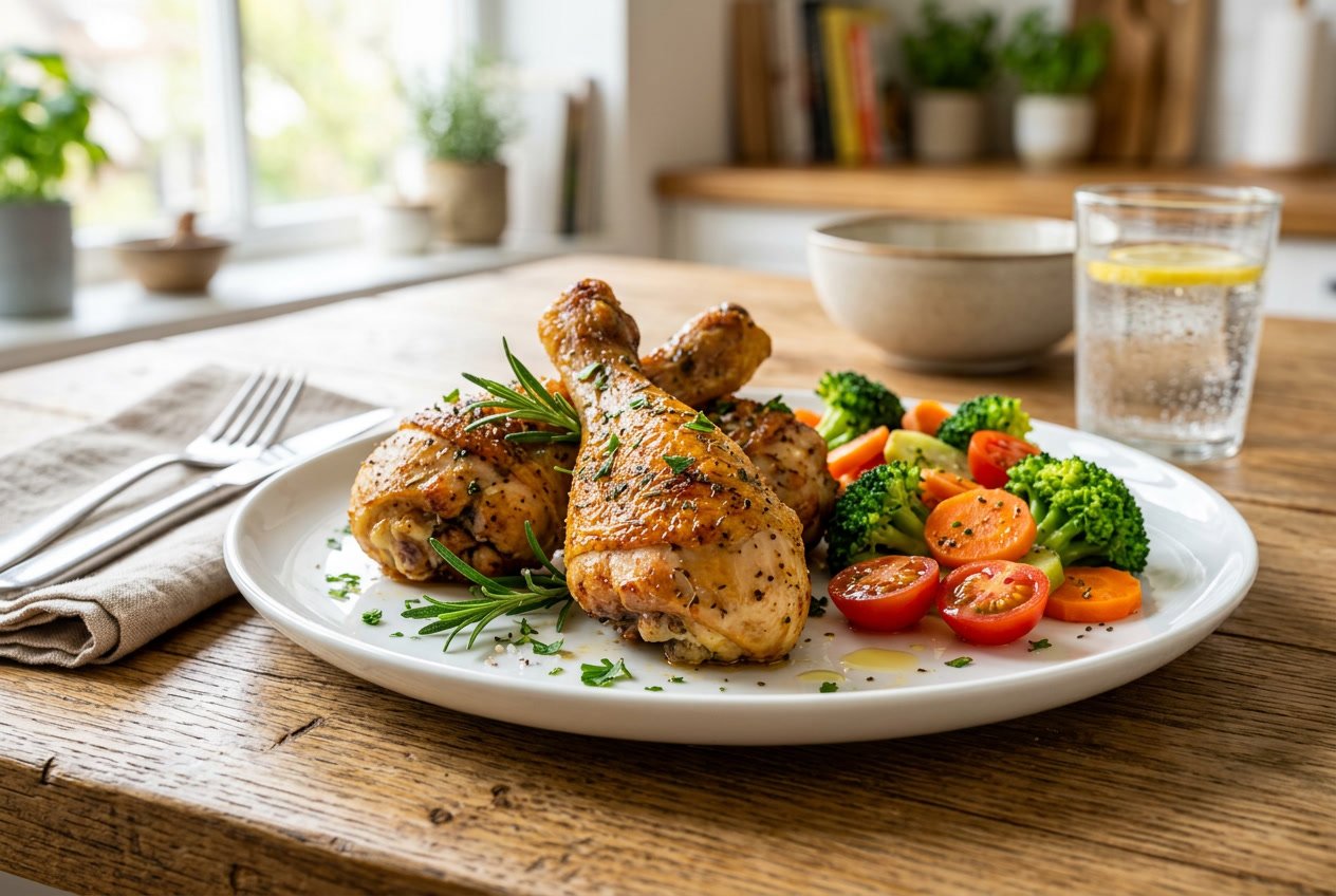 A plate of cooked chicken legs garnished with herbs and served with steamed vegetables on a dining table.