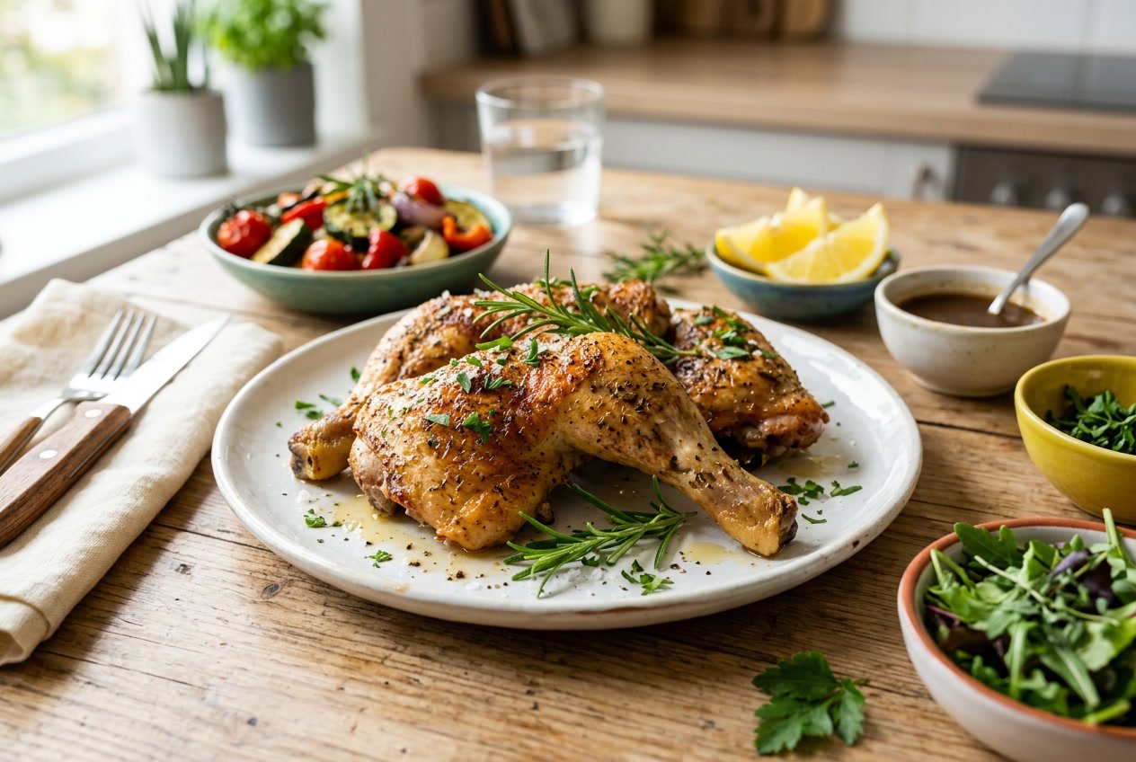 Close-up of cooked chicken legs garnished with herbs on a white plate, surrounded by vegetables and lemon wedges.