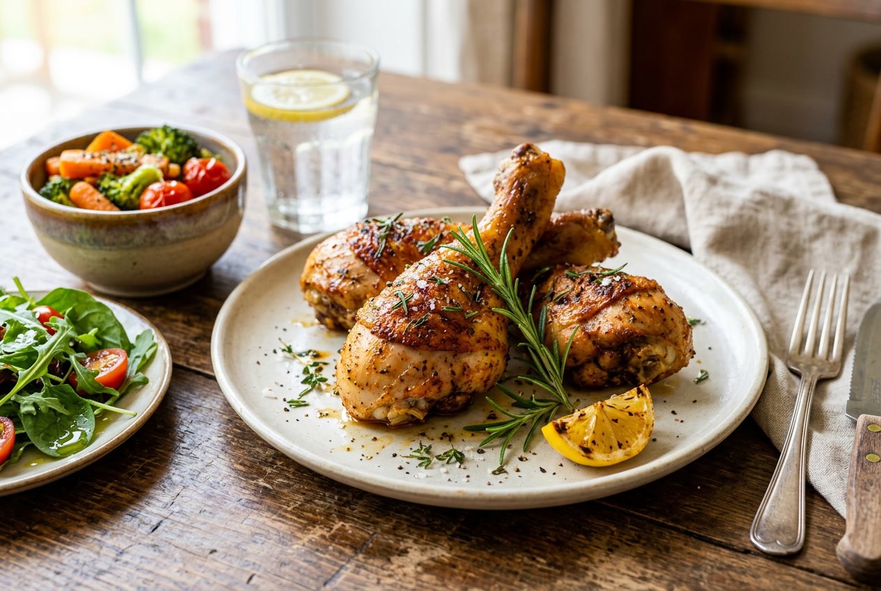 A plate of cooked chicken legs garnished with herbs on a wooden table, accompanied by vegetables and a glass of water.