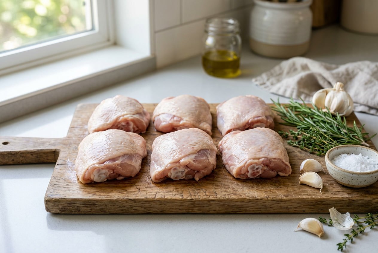 Raw chicken thighs arranged on a wooden cutting board with herbs and garlic on a kitchen countertop.