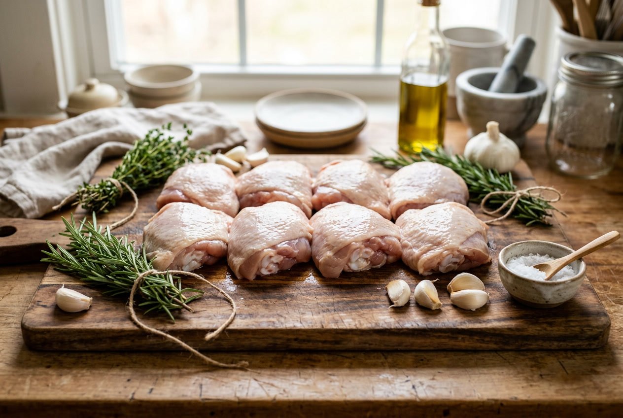 Raw chicken thighs arranged on a wooden cutting board with fresh herbs and garlic cloves around them.