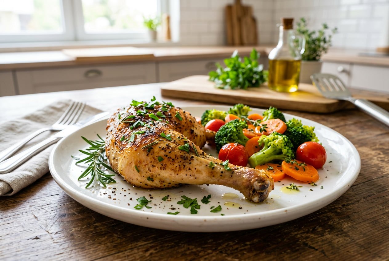 A cooked chicken leg on a white plate garnished with herbs and served with steamed vegetables.