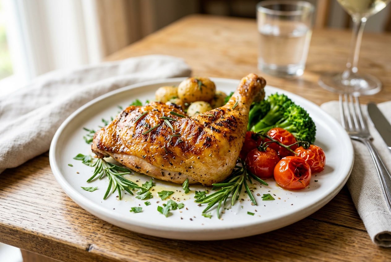 A close-up of a cooked chicken leg on a white plate with fresh herbs and vegetables.