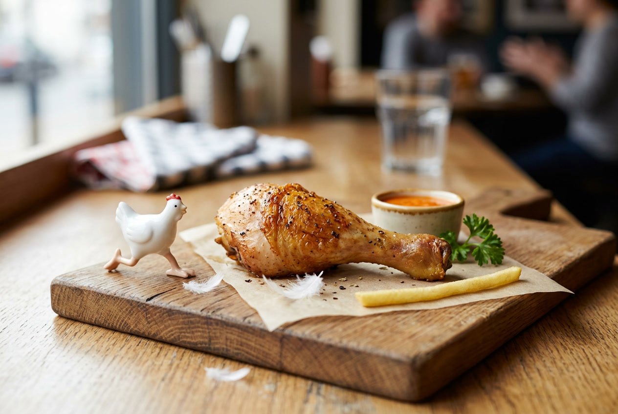 Close-up of a cooked chicken leg on a wooden cutting board with small symbolic objects around it suggesting slang meanings.