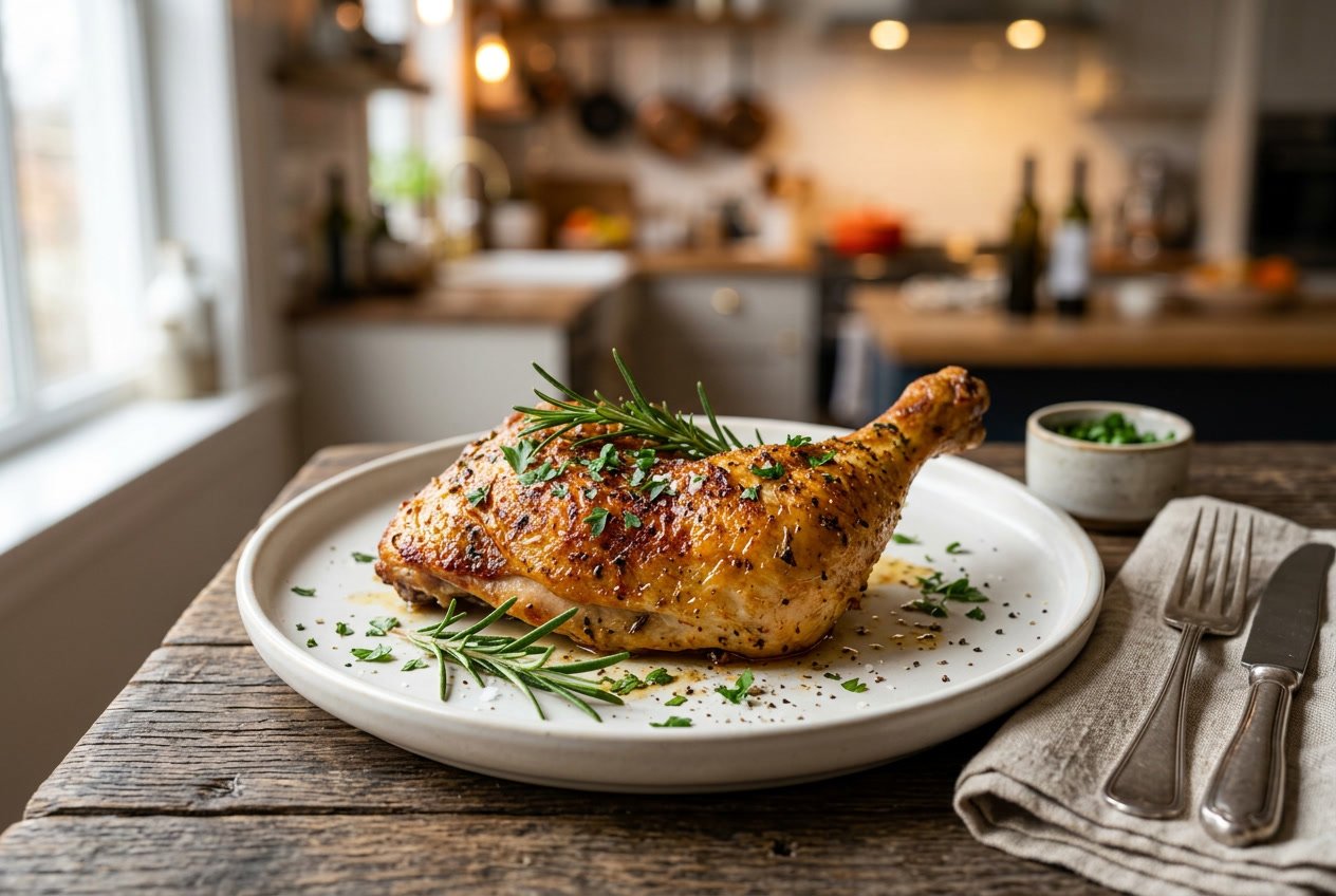 A cooked chicken leg on a white plate garnished with fresh herbs on a wooden table.
